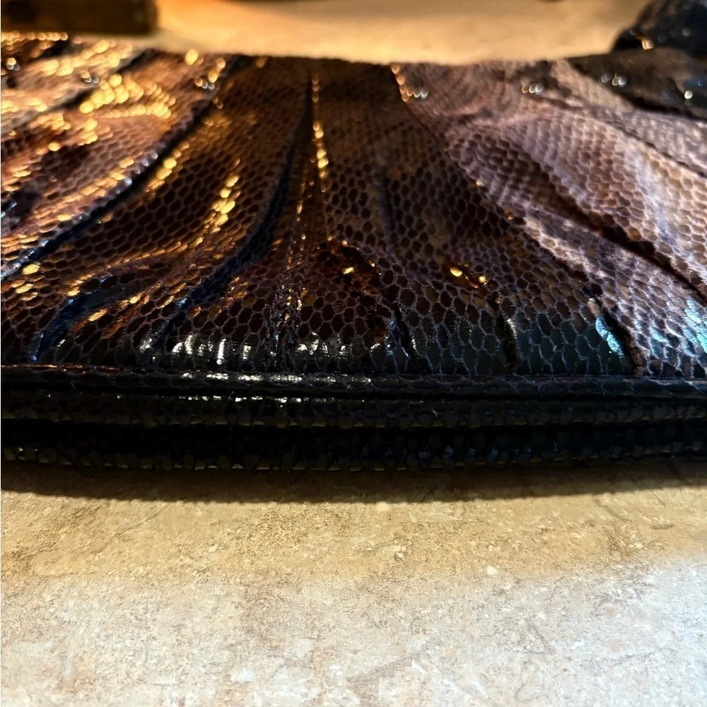 NINE WEST Faux Python Snake Print Black Metallic Clutch